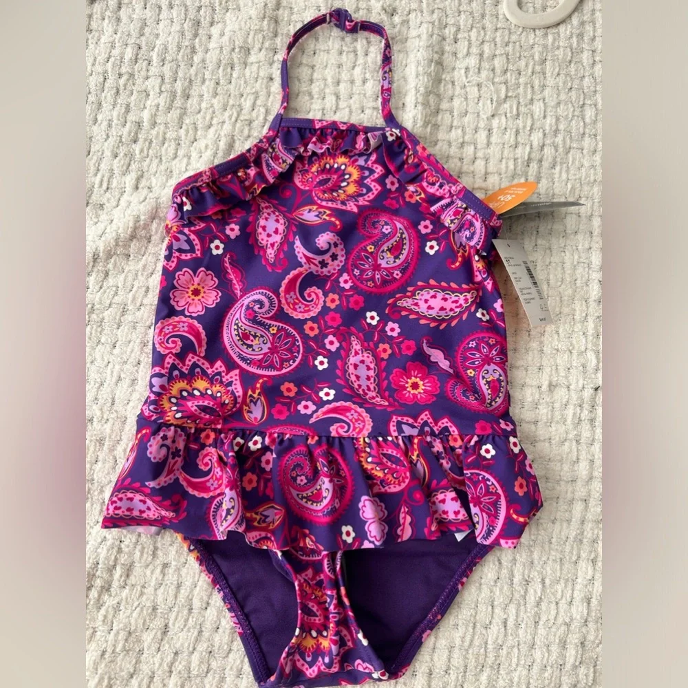 NWT Gymboree purple paisley one piece swimsuit. SPF 50+ ruffle top and bttm. 3T